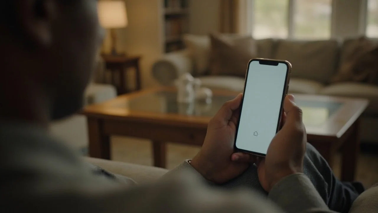 An adult reviewing a skill-game app on a smartphone beside a notebook in soft domestic light.