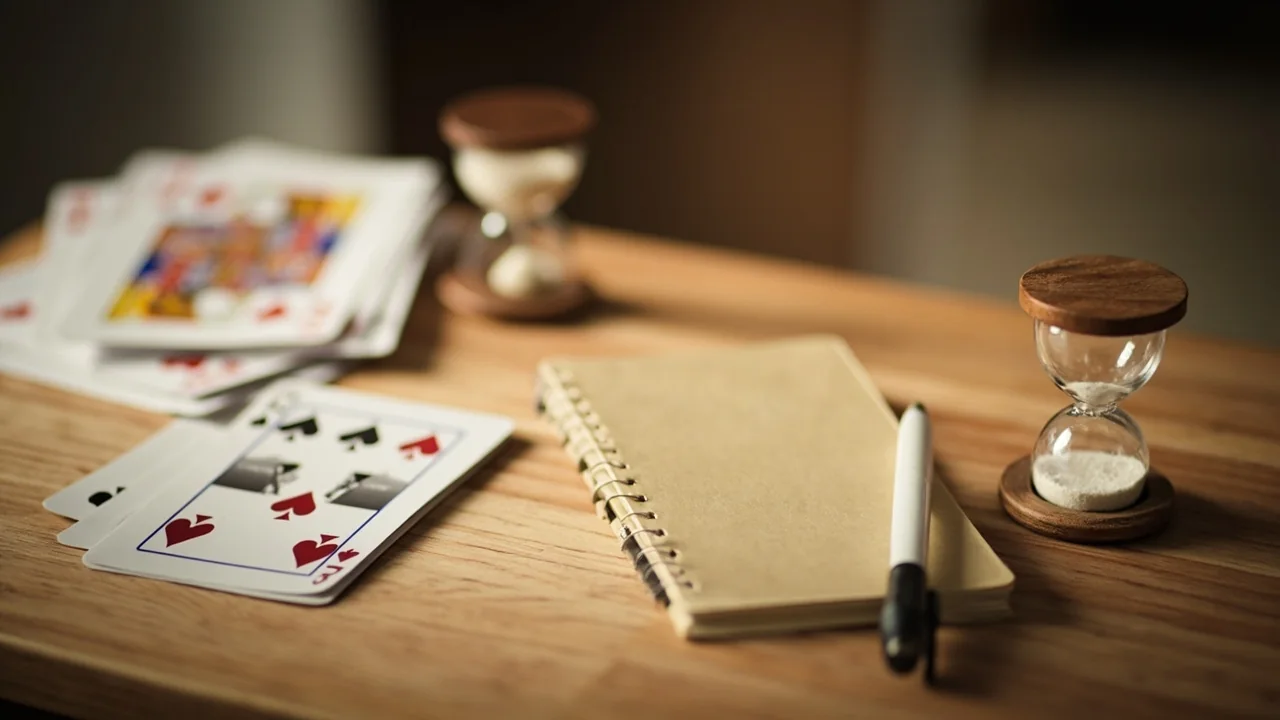 A wooden table arranged with a deck of cards, an hourglass, a notebook and a pen in soft directional daylight.