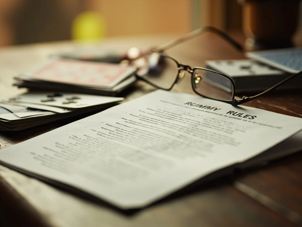 A printed rummy rules booklet open on a wooden table beside a deck of cards and reading glasses.