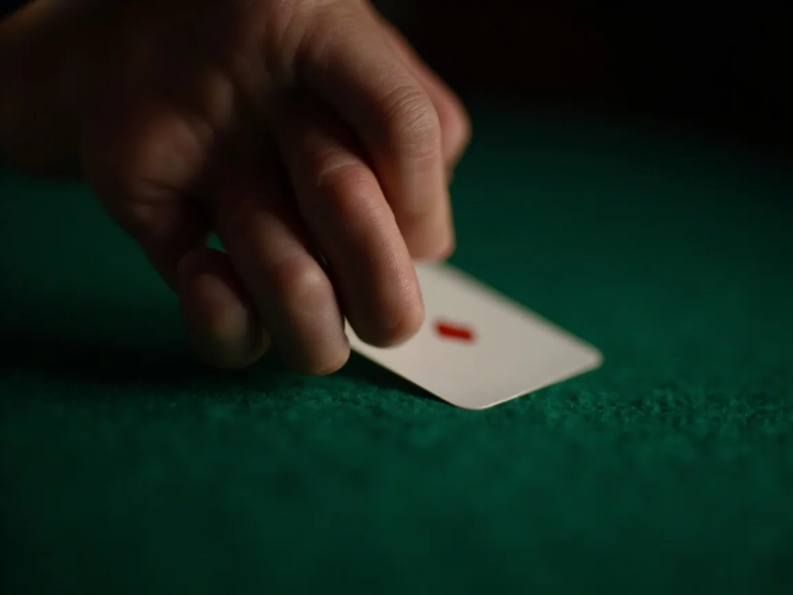A close-up of a hand dealing a single card onto green felt, with realistic fingers and soft directional light.