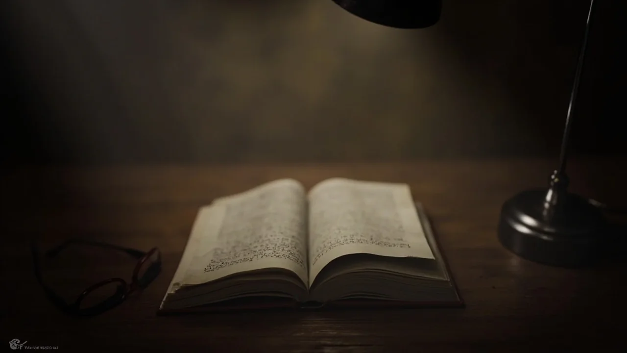 A printed legal reference page open beside reading glasses on a wooden table, with marginal annotations in pencil.