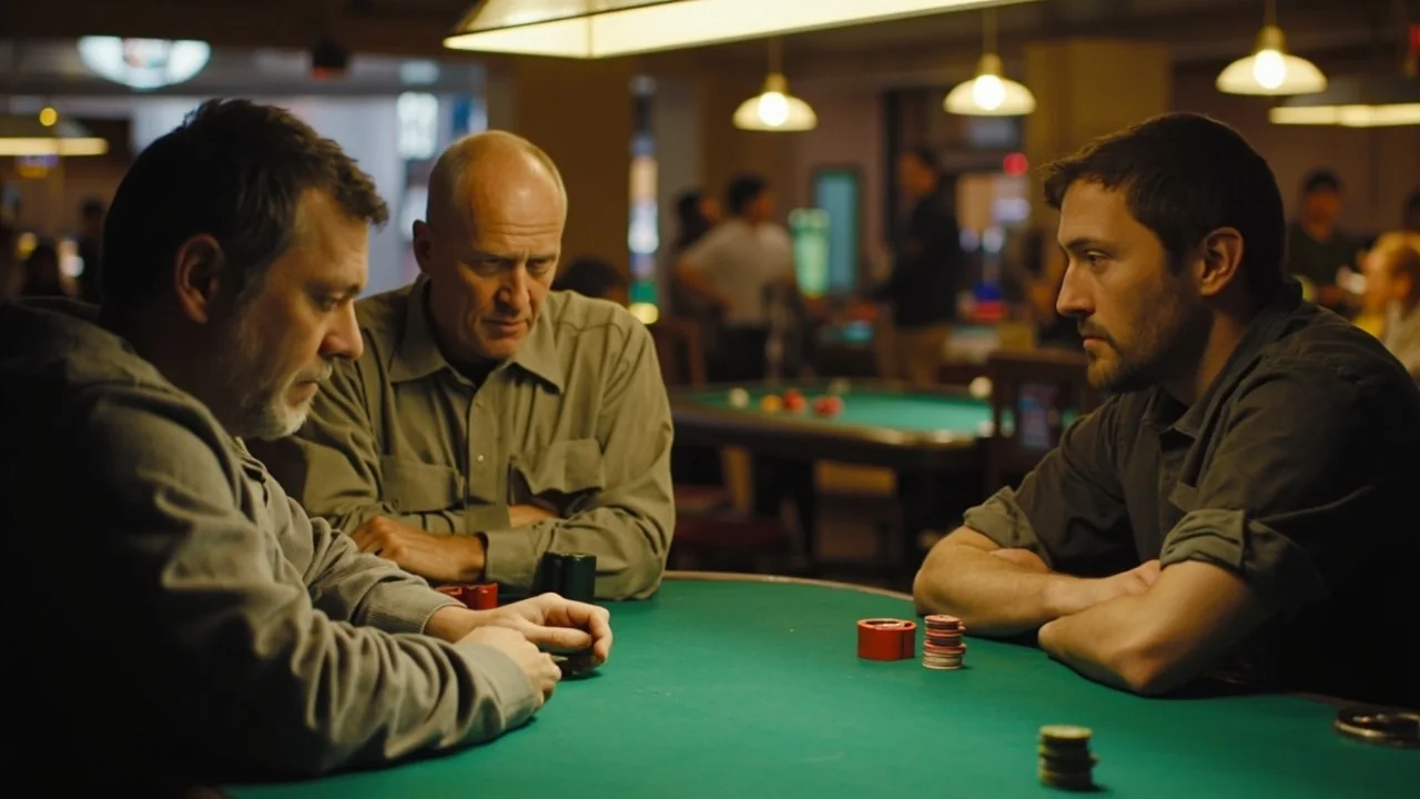 Two adult players mid-game at a green-felt table during a community tournament.