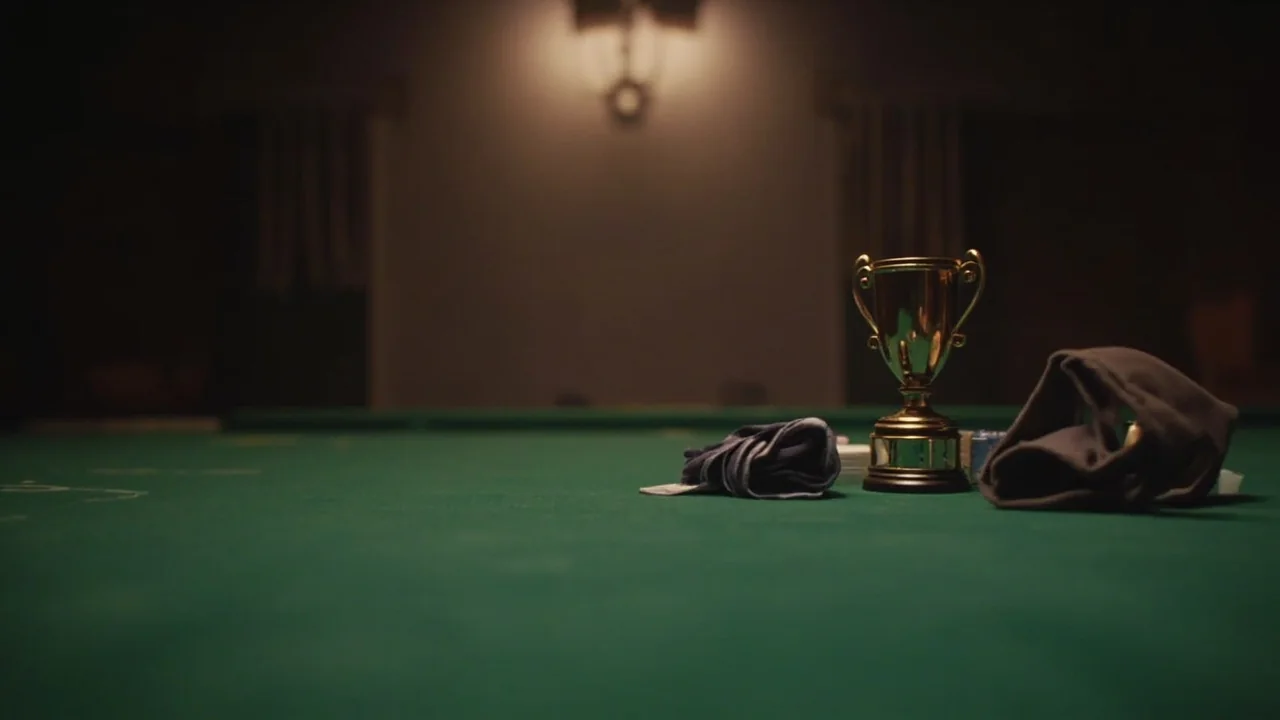 A rummy tournament prize table with a small trophy and ribbons arranged beside a green-felt layout.