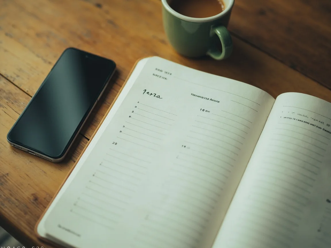 A planner notebook open to a weekly schedule page on a wooden table beside a smartphone and a cup of tea.