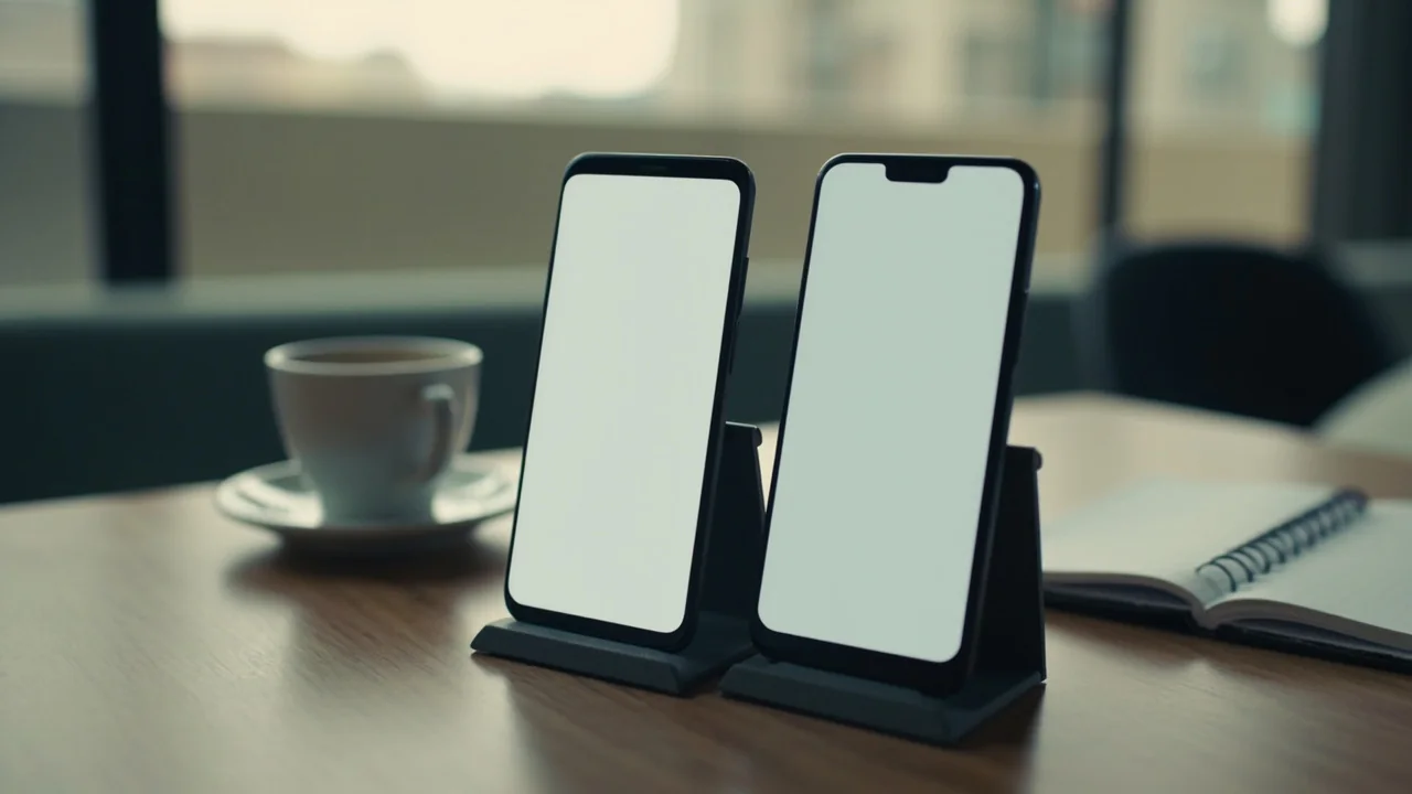 Two smartphones propped side by side on a wooden table displaying soft blurred screens.