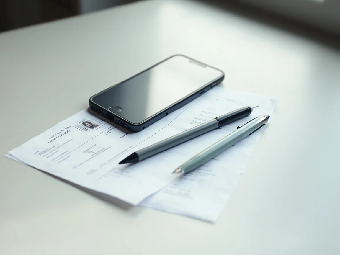 An ID document, a smartphone and a pen arranged neatly on a clean desk.