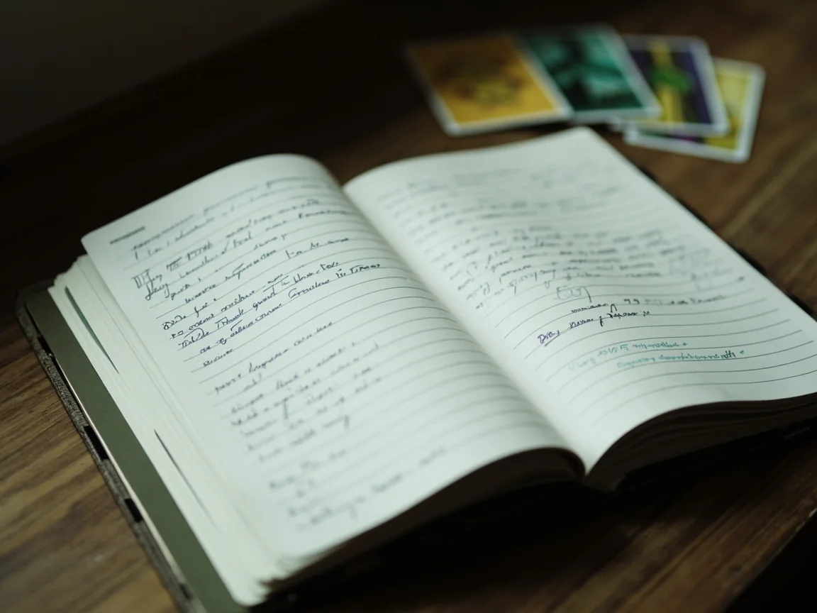 An open strategy notebook on a wooden desk with handwritten lines and three sample cards laid beside it.